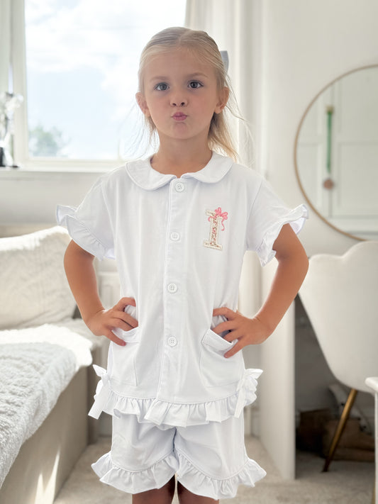Floral Initial & Bow - Embroidered Elizabeth Ruffle Shorts Nightwear Pyjama Set