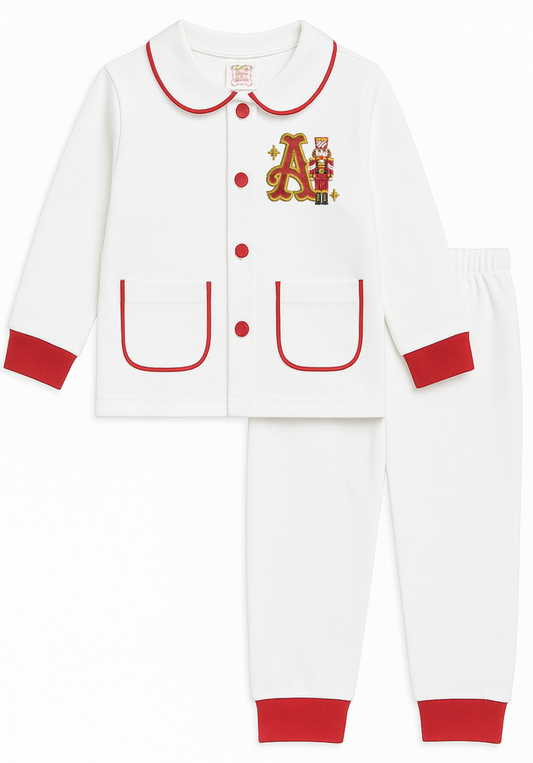 Nut Cracker Initial - White & Red Trim Button Up Peter Collar Christmas Embroidered Pyjamas