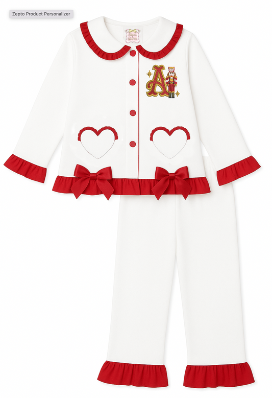 Nut Cracker Initial Frills - White & Red Button Up Peter Collar Christmas Embroidered Pyjamas