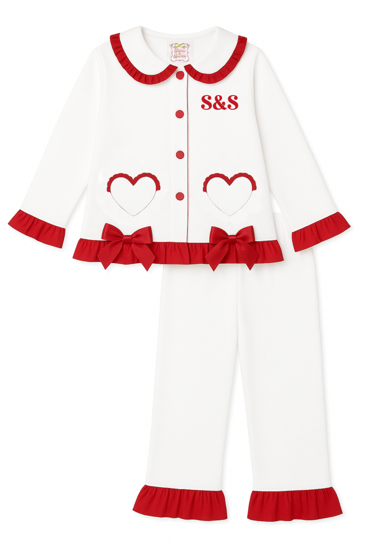 Initial or Name - White & Red Button Up Peter Collar Embroidered Pyjamas