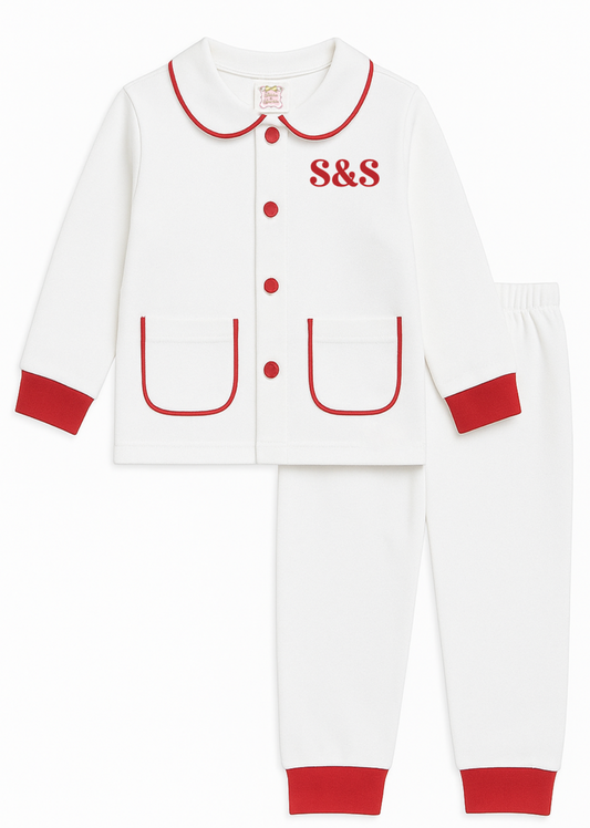 Initial or Name - White & Red Trim Button Up Peter Collar Embroidered Pyjamas