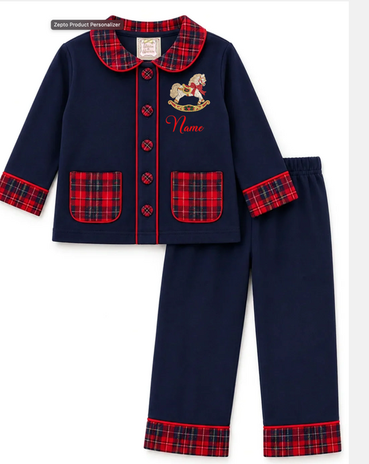 Toy Rocking Horse - Navy & Tartan Trim Button Up Peter Collar Christmas Embroidered Pyjamas