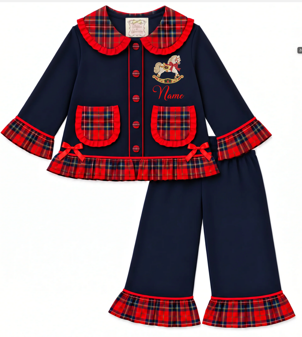 Toy Rocking Horse - Navy & Red Tartan Button Frill Collar Christmas Embroidered Pyjamas