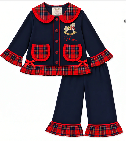 Toy Rocking Horse - Navy & Red Tartan Button Frill Collar Christmas Embroidered Pyjamas