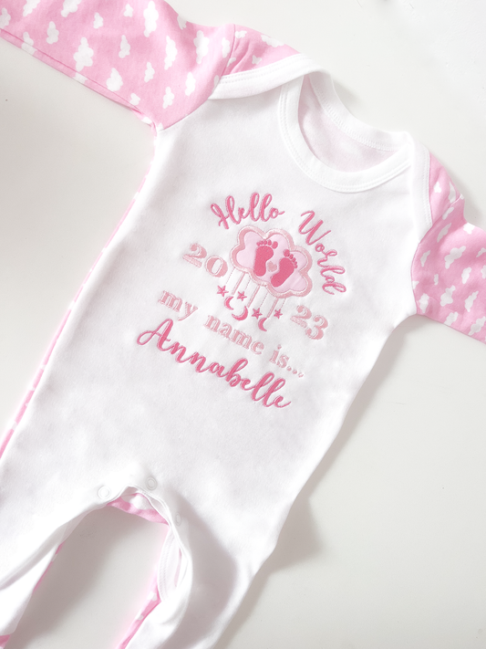 Hello World Cloud - Baby Announcement - Embroidered Romper