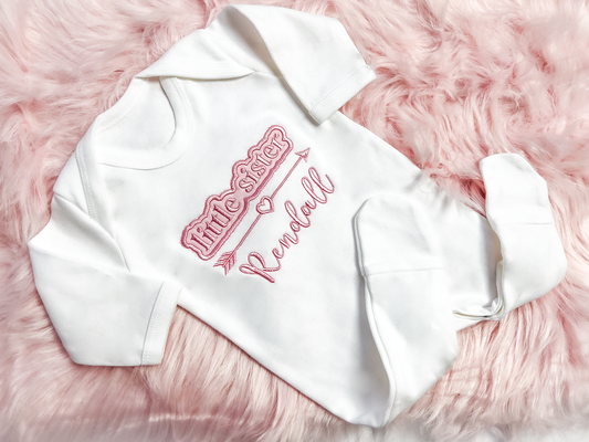 Little Sister / Brother Baby Announcement Bubble Name - Embroidered Romper
