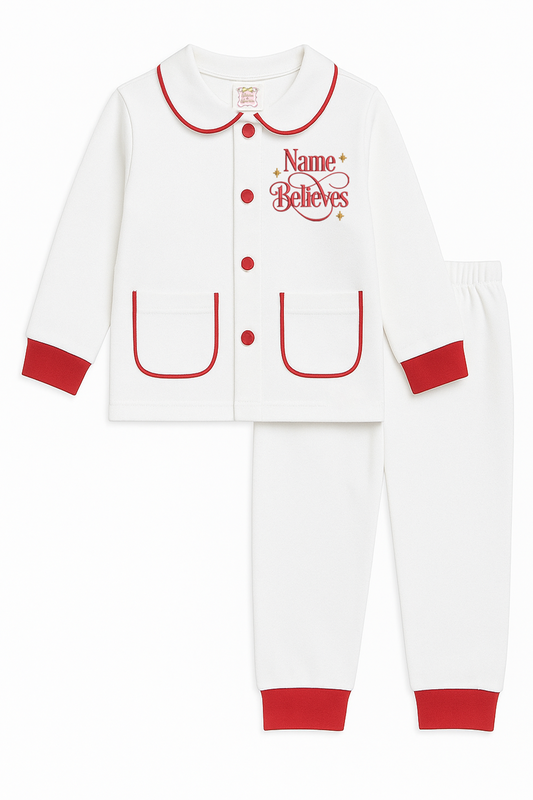 Believes - White & Red Trim Button Up Peter Collar Christmas Embroidered Pyjamas
