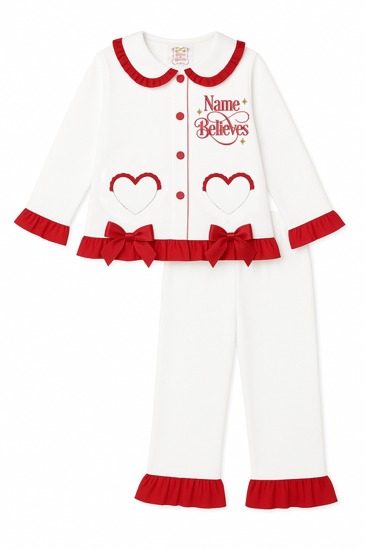 Believes Frills - White & Red Button Up Peter  Collar Christmas Embroidered Pyjamas