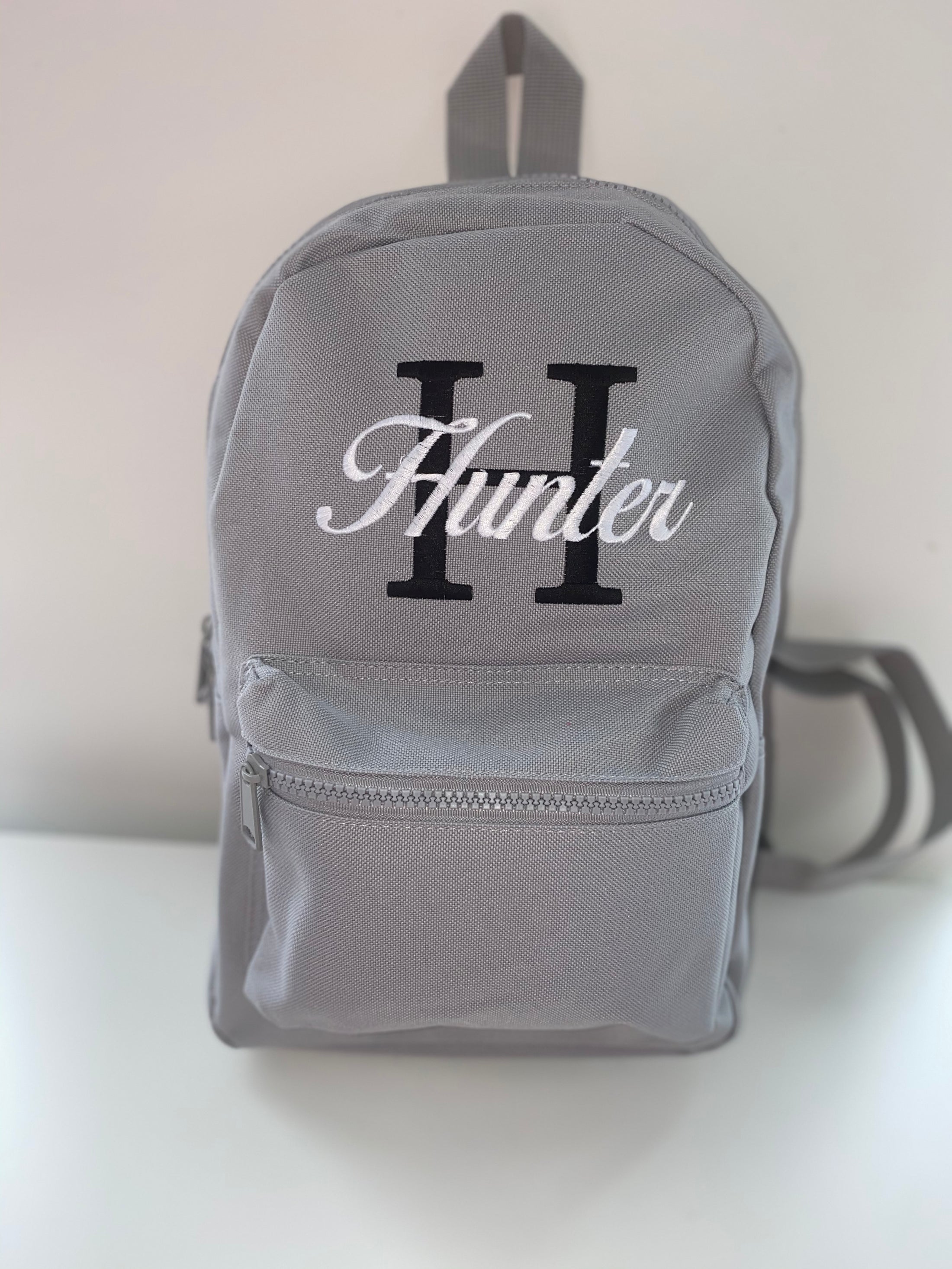 Embroidered Grey Backpack - Black initial - White Birds of Paradise Font