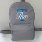 Embroidered Grey Backpack - Blue Initial - White Birds of Paradise Font