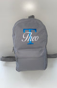 Load image into Gallery viewer, Embroidered Grey Backpack - Blue Initial - White Birds of Paradise Font
