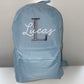 Baby Blue Embroidered  Backpack - Dark Grey Initial - White Beauty Font