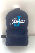 Load image into Gallery viewer, Embroidered Navy Backpack - Bright Blue Initial - White Birds of Paradise Font
