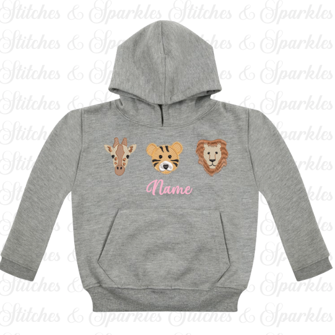 Embroidered Safari Animals - Pull on Hoodie