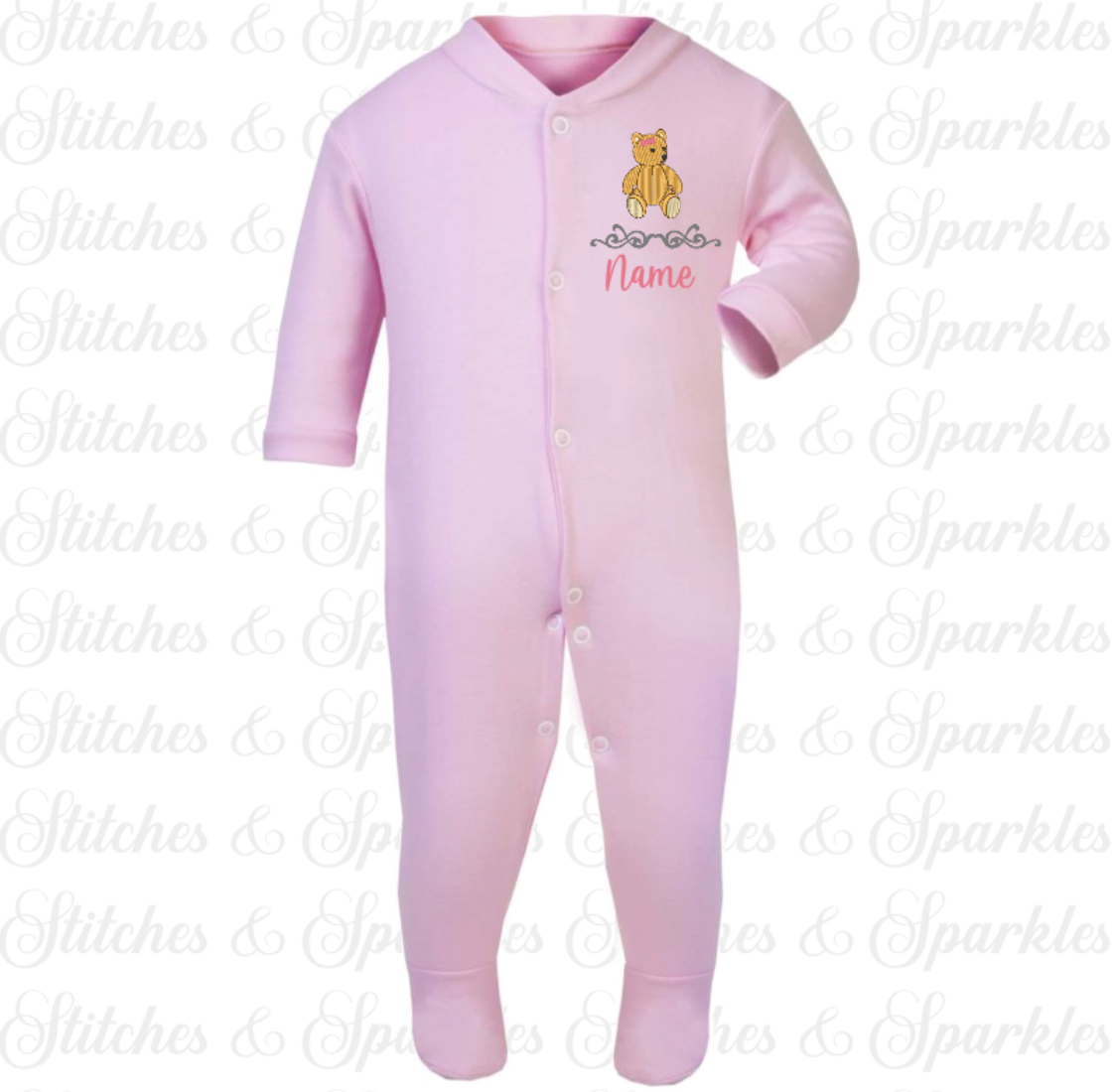 Embroidered Teddy Bear - Button Up Sleepsuit Romper
