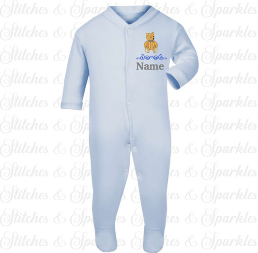 Embroidered Teddy Bear - Button Up Sleepsuit Romper