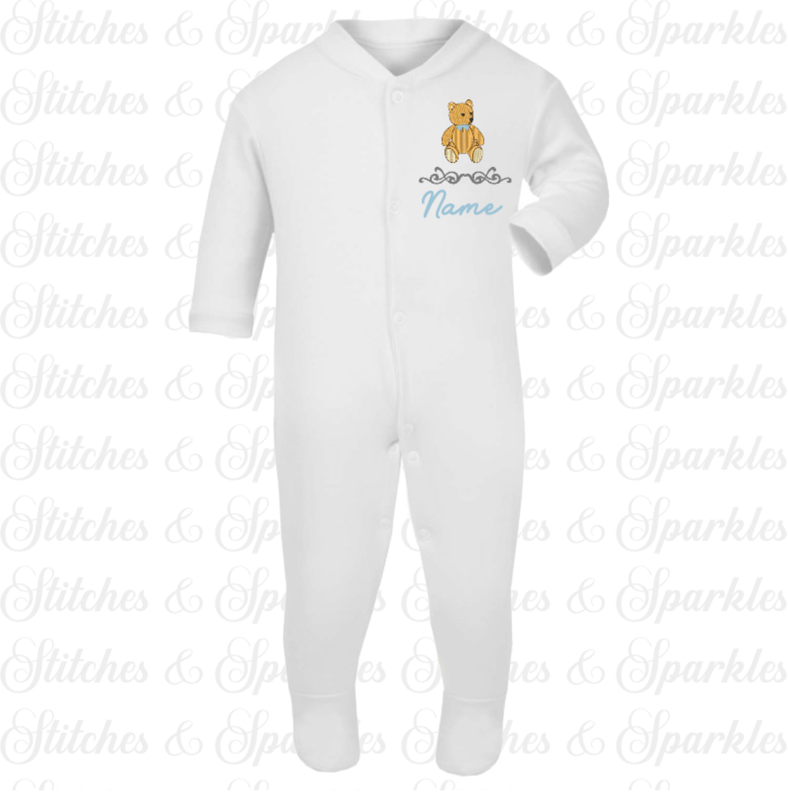 Embroidered Teddy Bear - Button Up Sleepsuit Romper