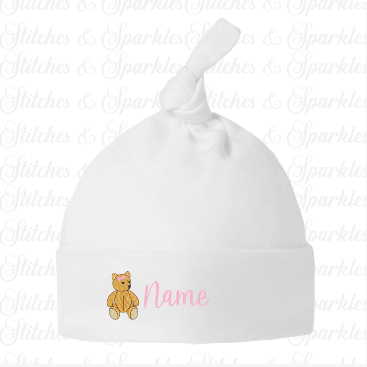 Embroidered Teddy Bear -  Knotted Baby Hats