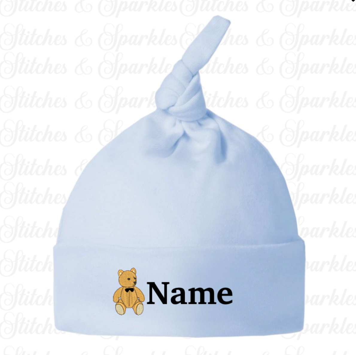 Embroidered Teddy Bear -  Knotted Baby Hats