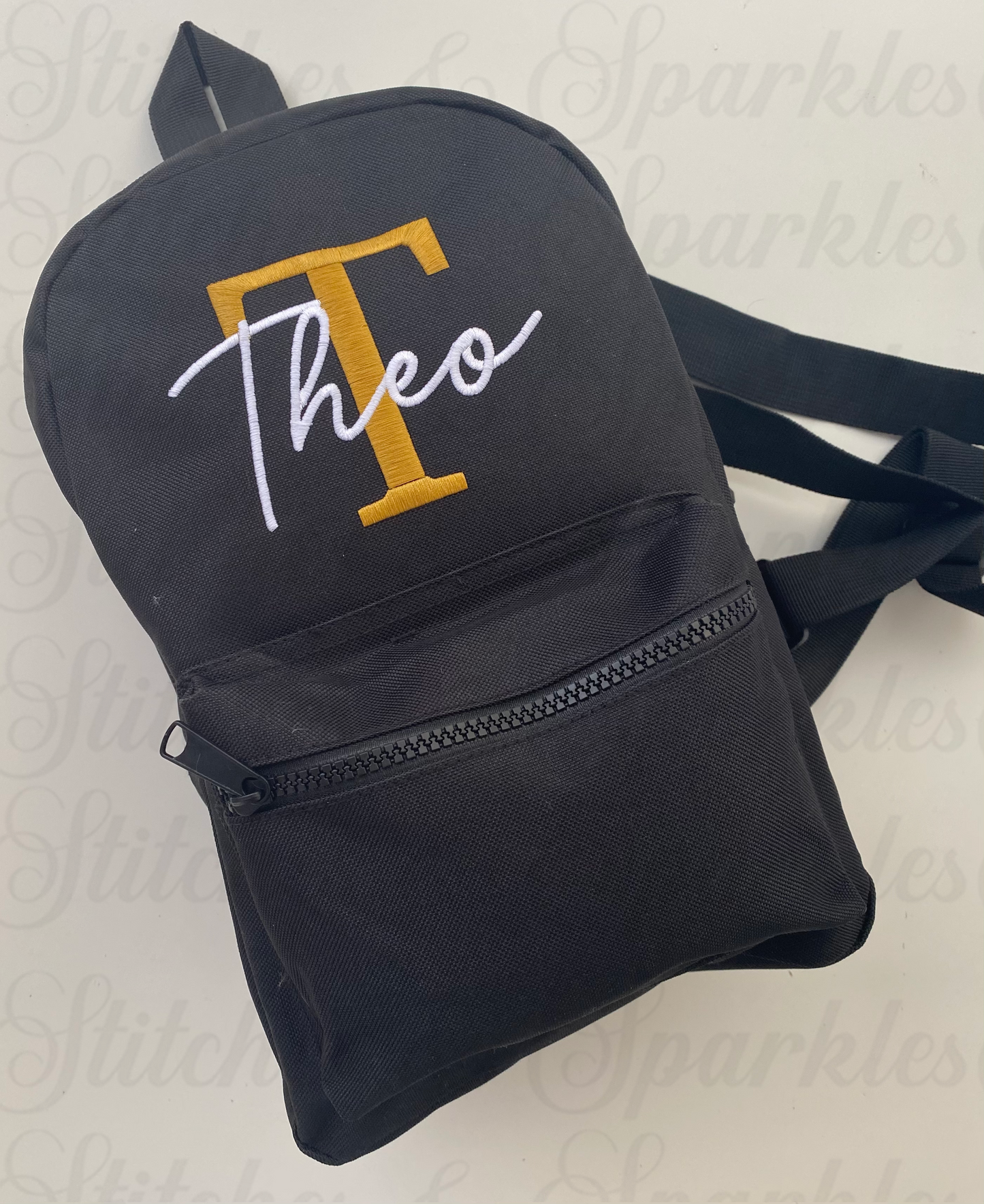 Black Backpack | Beauty Font | Gold Initial | White Name
