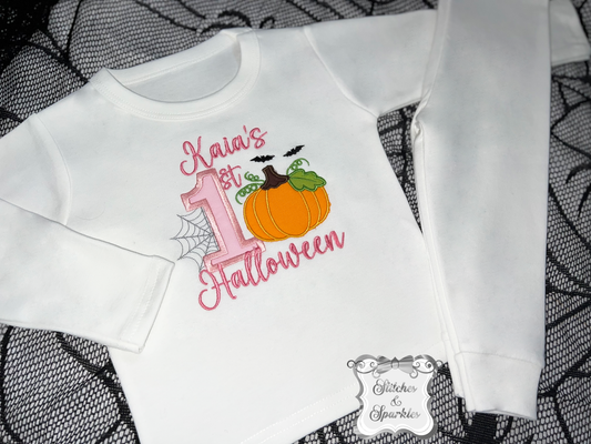 Embroidered 1st Halloween Pumpkin White Lounge Set