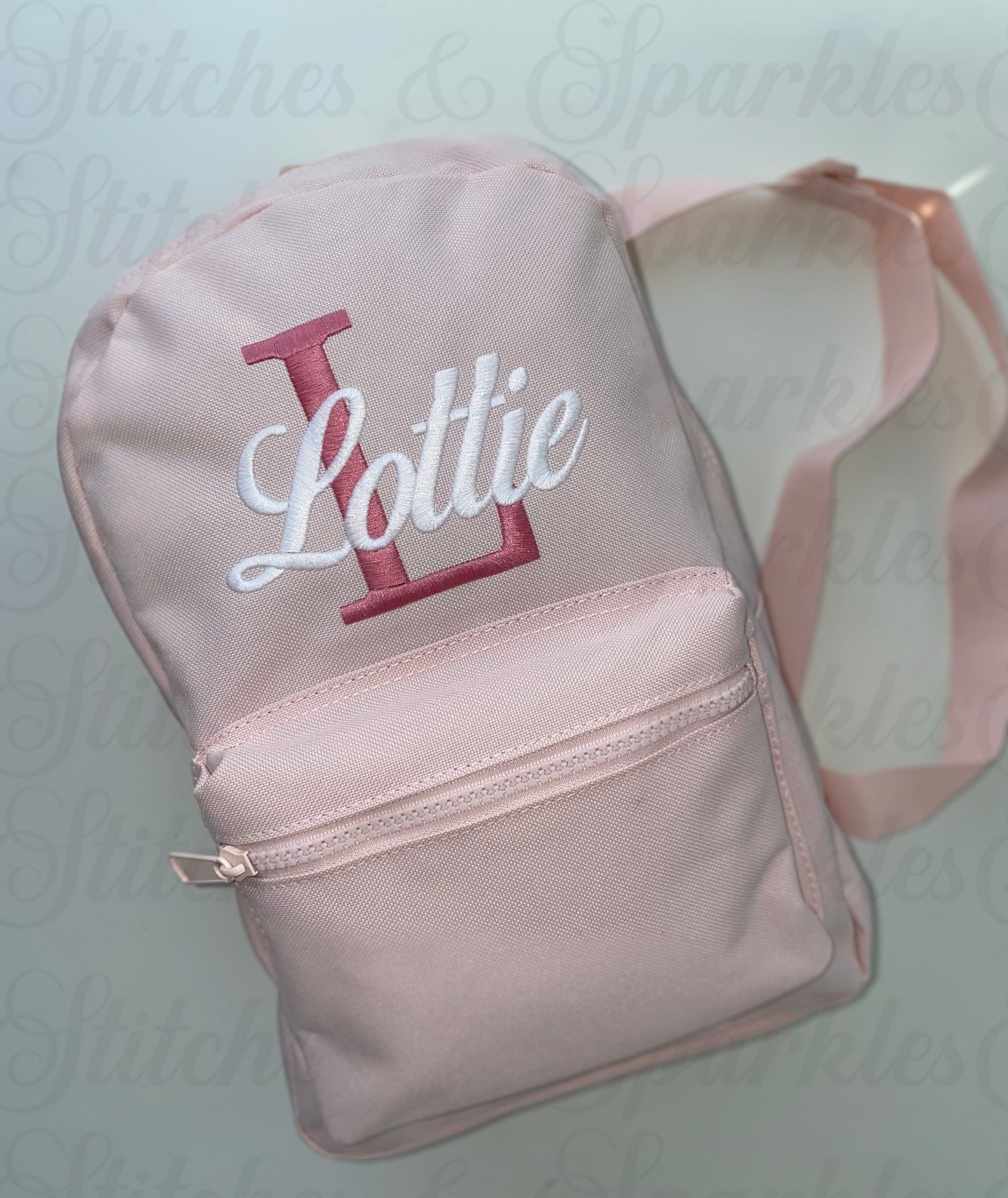 Pink Backpack | Birds of Paradise Font | Pink Initial | White Name