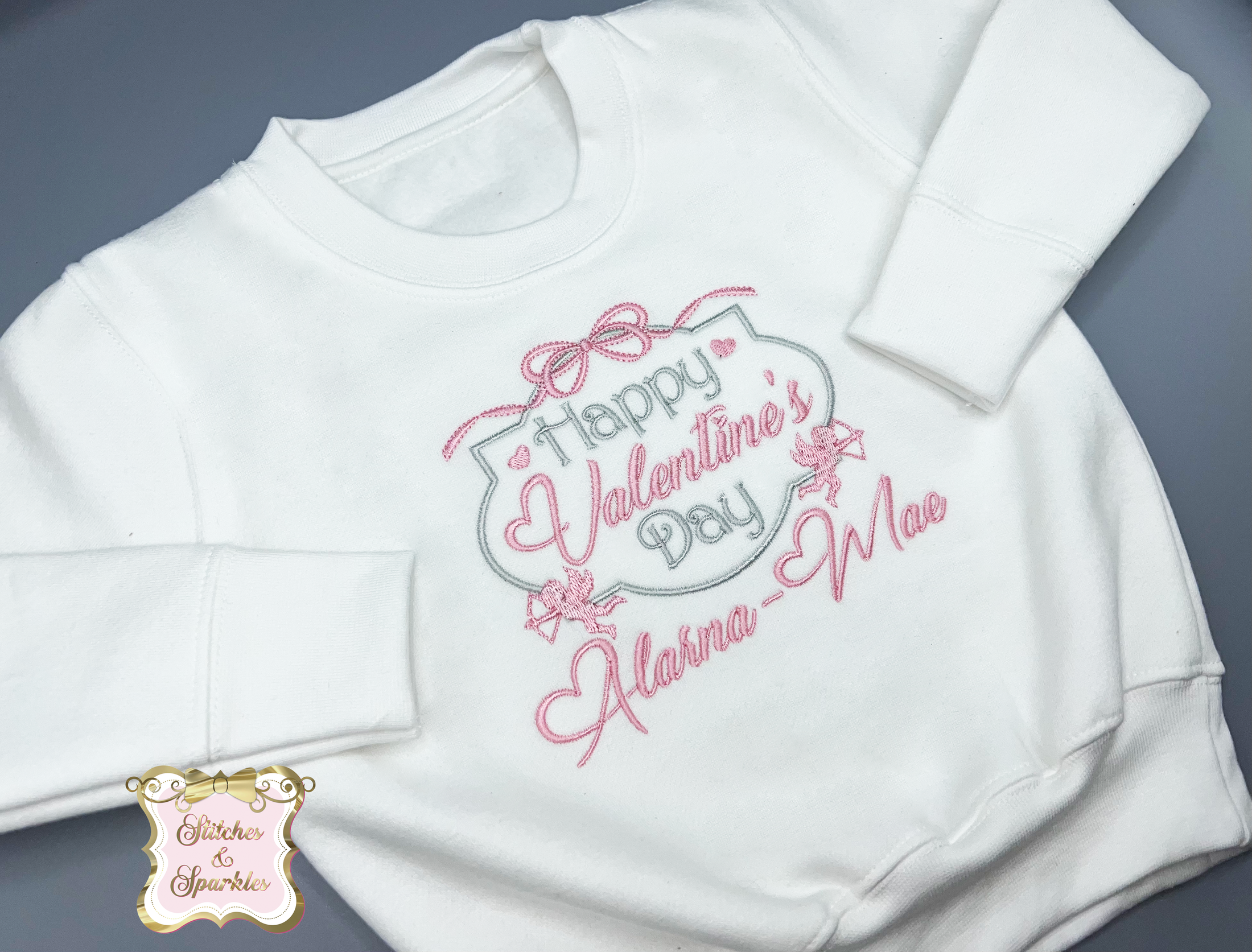 Embroidered Bow & Cupids Happy Valentines Sweatshirt
